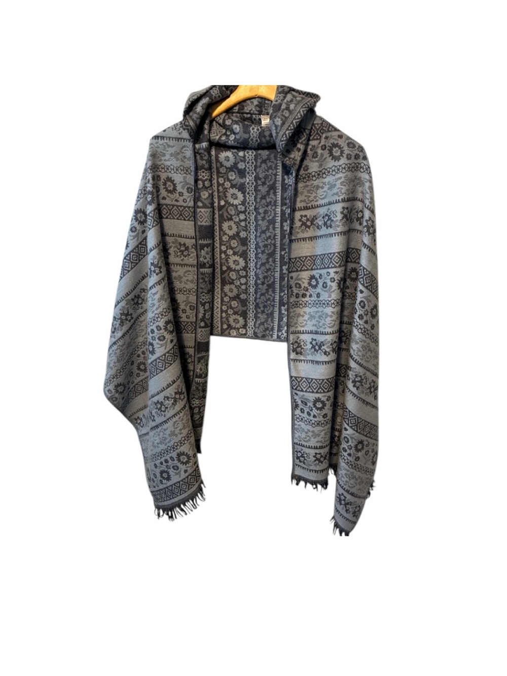 Two Toned Bohemian Blue Floral Patterned Hooded Shawl Wrap Hooded One Size